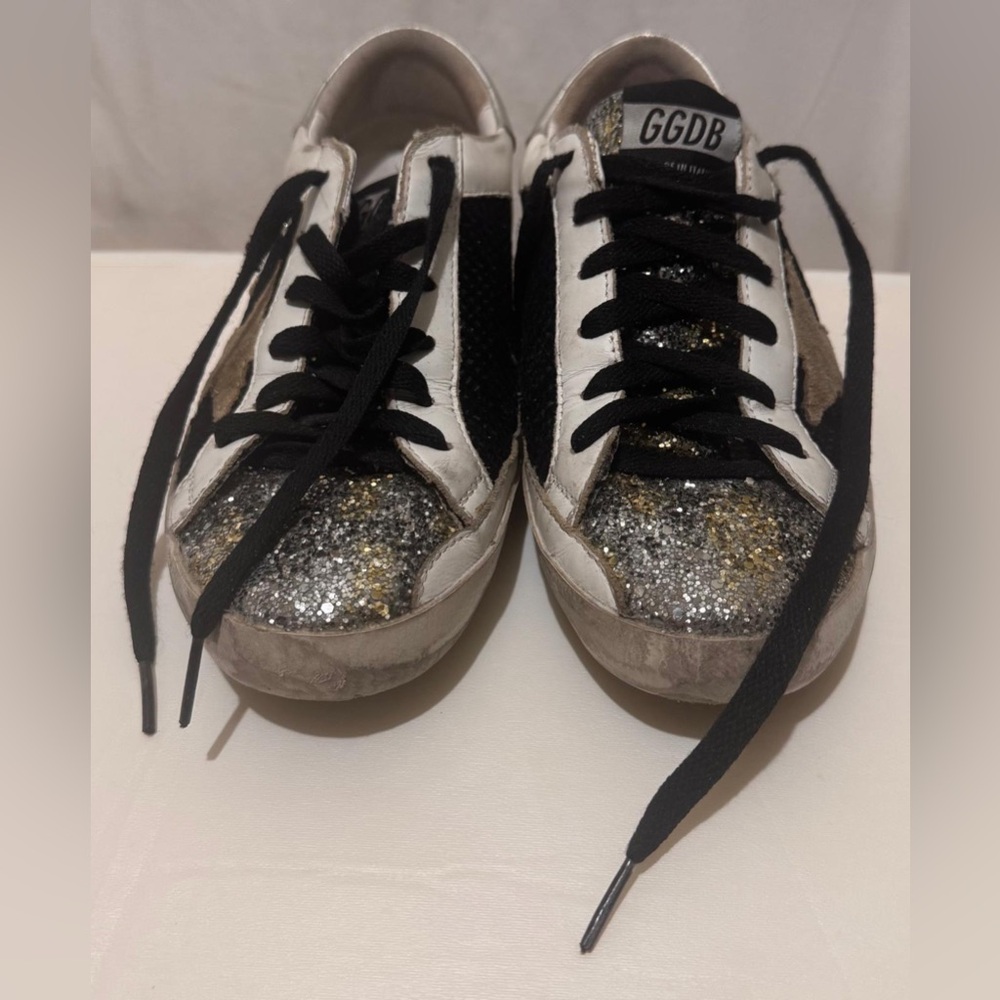 Golden Goose Black and Silver Sneakers with Glittery Toe Cap